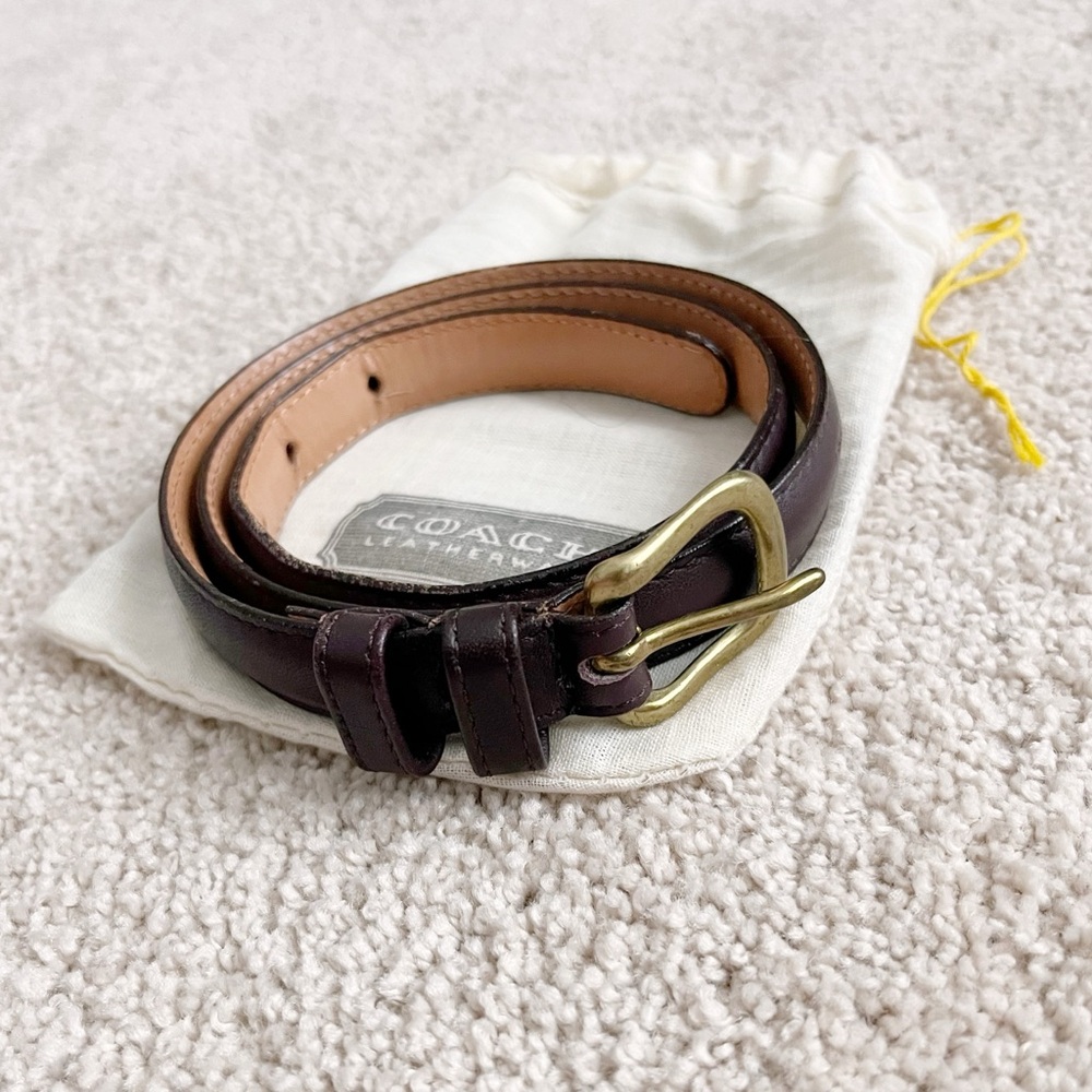 Vintage Coach Skinny Burgundy Leather Belt with Brass Buckle